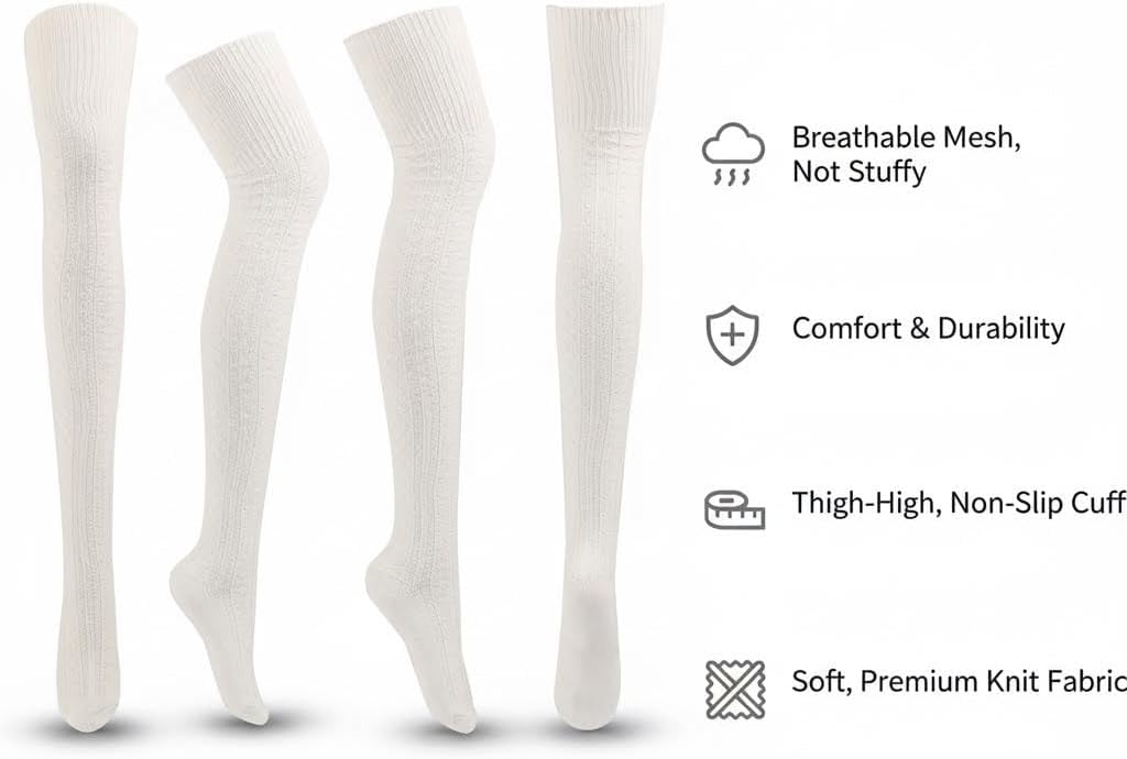 Women's Cable Knit Cotton Thigh High Socks, Warm Over-the-Knee Stockings, Winter Fashion Leg Warmers (3 pairs)