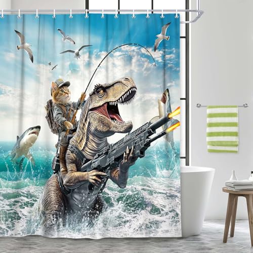 Image of Funny Cat Dinosaur Shower Curtains, Fun Cat Fishing Riding Dino Fighting on Blue Ocean Shower Curtain Sets with Hooks, Waterproof Fabric Kids Men Cool Bath Curtain for Bath Decor, 72x72 Inches