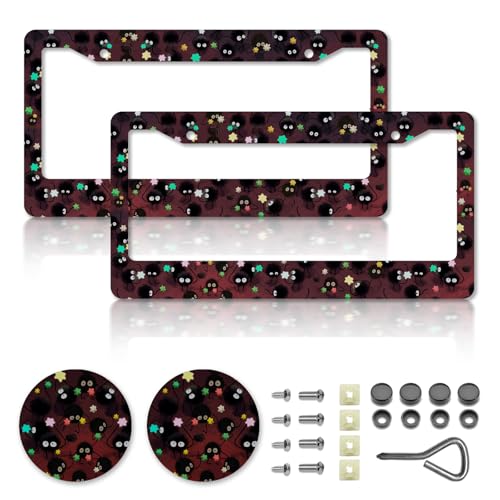 Anime License Plate FramesAnime Car Accessories for Women and Men Cute Soot Sprites License Plate HolderAluminum License Plate Frame Fits Standard US Vehicles Size 12.2 x 6 Inch (Black 01-2pcs)