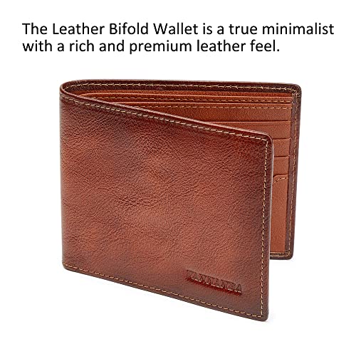 VANNANBA Bifold Front Pocket Wallets, Full Grain Leather Large Capacity Wallet with 2 ID Windows, 11 Card Slots, 2 Cash Pockets & RFID Blocking,Gift for Men(Brown)2
