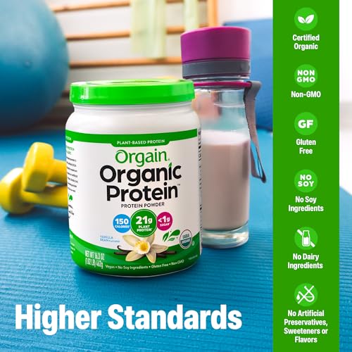 orgain organic vegan protein powder vanilla bean - 21g plant based protein 4g prebiotic fiber no lactose ingredients no added sugar non-gmo for shakes amp smoothies 102 lb packaging may vary