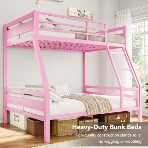 Image of iPormis Metal Bunk Bed Twin Over Full, Heavy Duty Bunk with High Guardrail and Safety Entrance Design, Under-Bed Storage Space, Easy Assembly, Noise Free, Pink