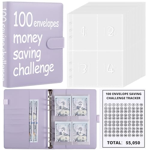 SKYDUE 100 Envelopes Money Savin Challenge Binder, A5 Money Saving Budget Binder with Cash Envelopes - Savings Challenges Book to Save $5,050