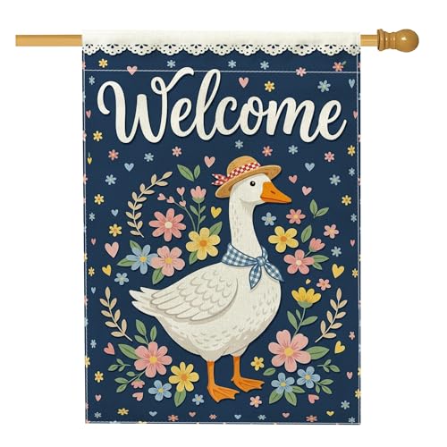 Goose House Flag Spring Fanciful Flowers Hearts Spring Navy Burlap Double Sided Decorative Outside Porch Flags for Outdoor Patio Yard Lawn Entrance Balcony 28x40 Inch