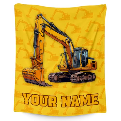 Personalized Blankets for Kids, Cozy Soft Excavator Throw Gifts for Boys, Yellow Flannel Construction Blankets for Bed Travel, 50x60 Inches