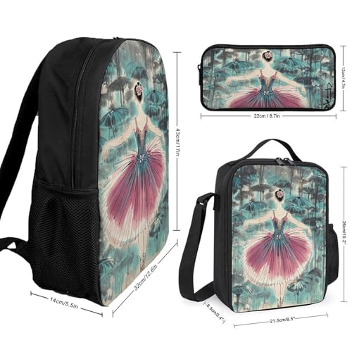 3 Piece Backpack for Women Men Lightweight Causal Daypack Shoulder Bag Set with Insulated Lunch Bag And Pencil Case Organizers Classical Ballet Elegant Ballerina2