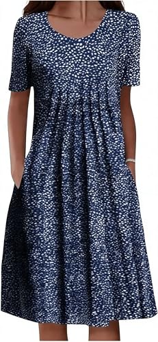 Image of LOVESHOOT Size XL Summer Dresses for Women Casual Short Sleeve Knee Length T-Shirt Dress Swing Flowy Loose Fit A Line Boho Midi Dress with Pockets Polka Dots Blue