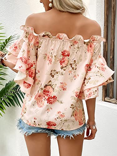 SOLY HUX Women's Floral Print Blouse Off Shoulder Ruffle Trim Half Sleeve Summer Tops2