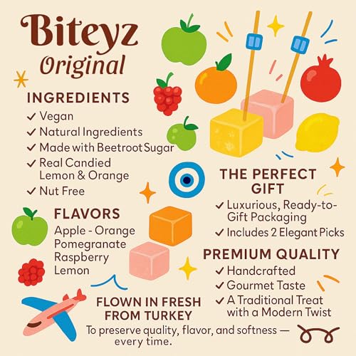 Image of Biteyz Original Turkish Delight, Vegan Candy Gift Box - Assorted Gourmet Fruit Snacks with Lemon, Apple, Orange, Pomegranate, and Raspberry Flavors, 36 Pieces of Luxury Handmade Vegan Treats