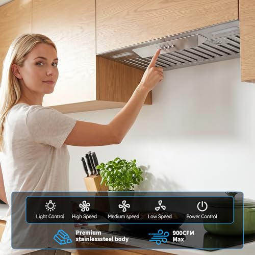 Image of Range Hood Insert 30 Inch, Built-in 900 CFM Kitchen Hood | Stainless Steel Vent Hood, Ducted /Ductless Convertible, 40 Elevated Screen & Square LED Lights