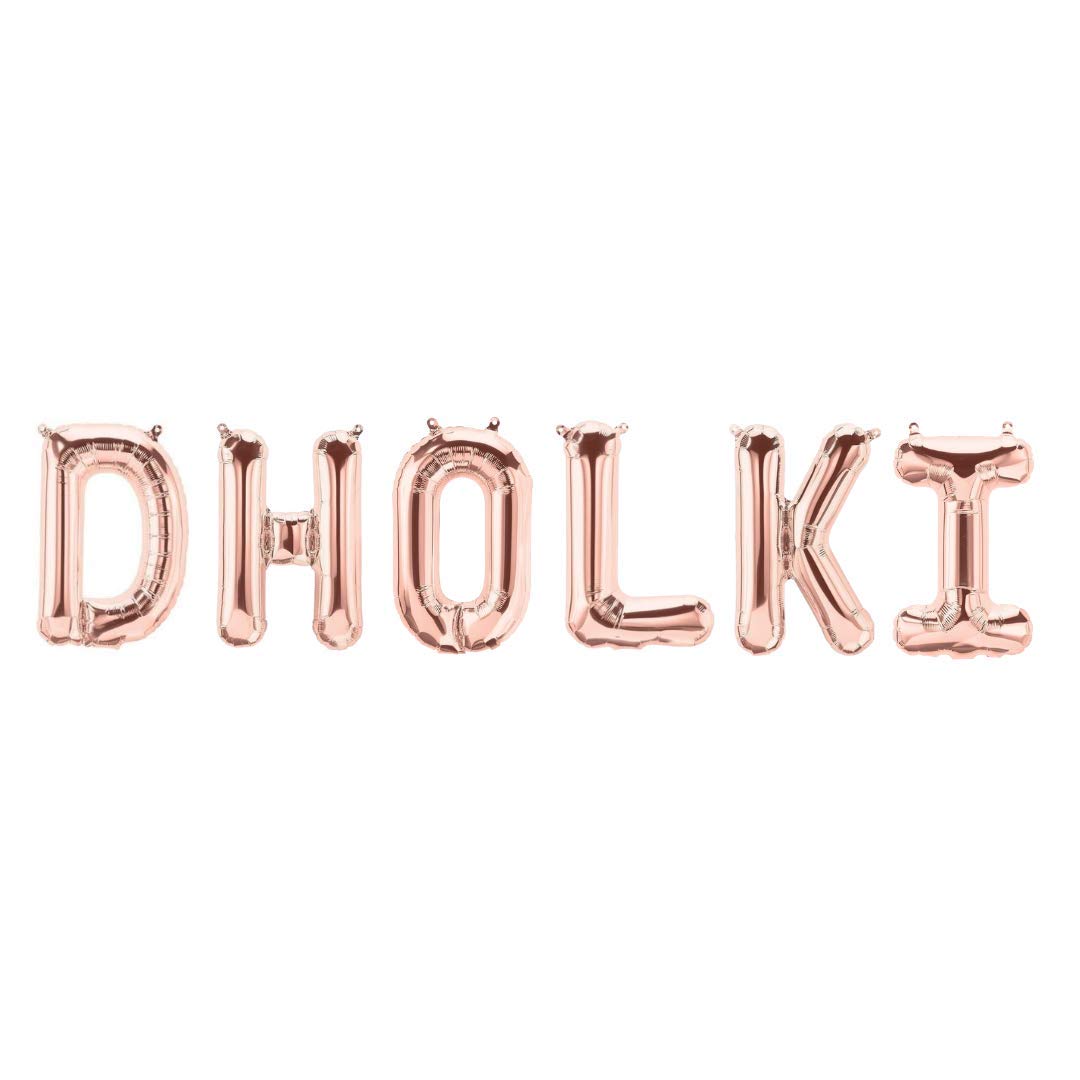 Peacock Supplies Dholki Foil Balloons - Rose Gold | Letters Sized at 16" | Party Decorations | Celebration or Event Backdrop | Glamorous, Elegant & Shiny | 6 Bright & Colourful Metallic Foil Letters