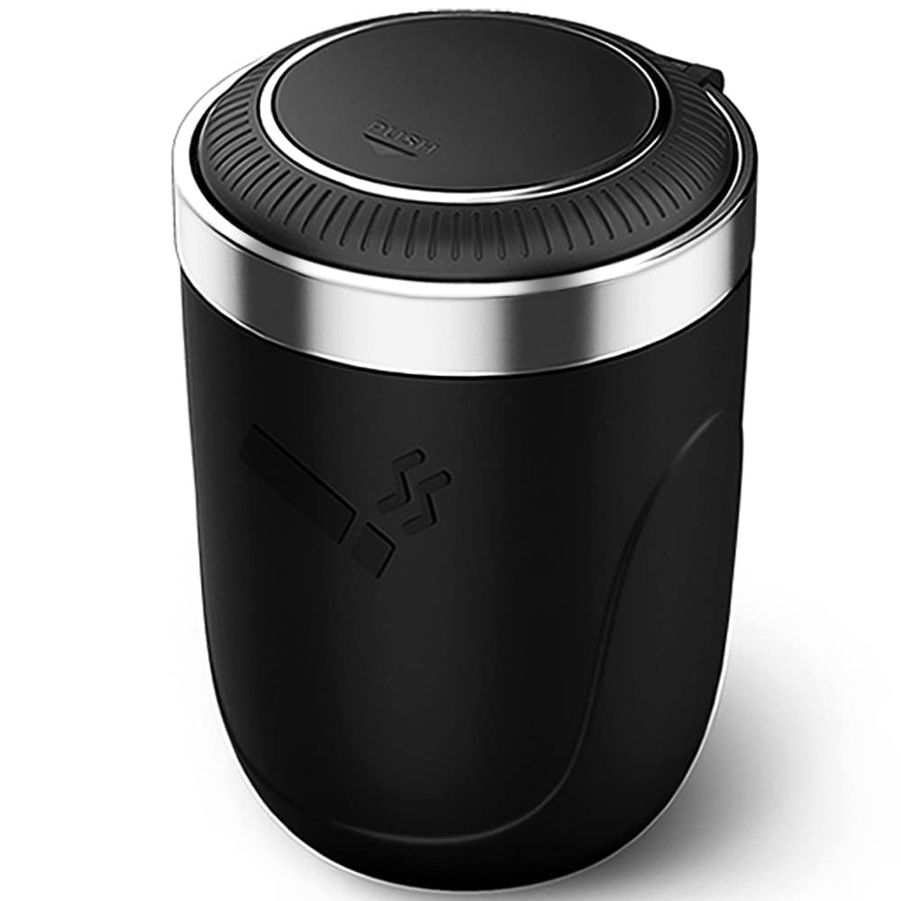 Cenicero de coche BALUME, fácil de limpiar, desmontable, de acero inoxidable, con tapa y luz LED azul, compatible con la mayoría de los portavasos de coche, color negro.