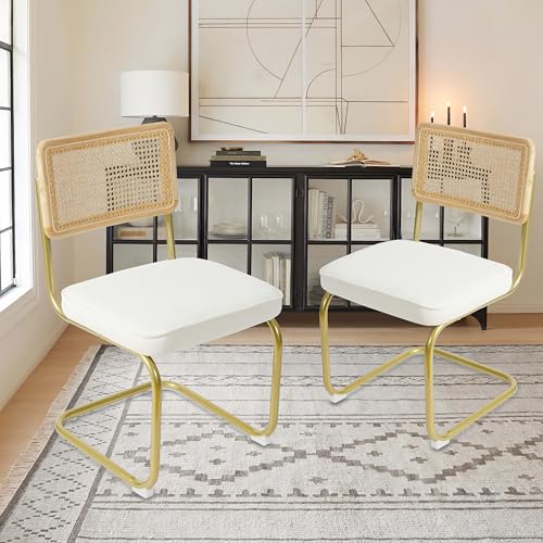 CangLong Velvet Dining Chairs Set of 2, Rattan Dining Chairs with Metal Legs & Natural Mesh Rattan Backrest, Armless Accent Chairs with Upholstered Cushion for Kitchen, Living Room, White