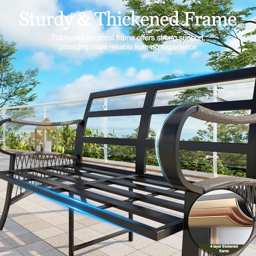 Image of 7 Pieces Patio Conversation Sets, All-Weather Metal Swivel Rocking Chairs with Rope Furniture Set, Outdoor Sofa Couch for Deck, Porch, Garden, Backyard, Poolside (Beige Cushions)