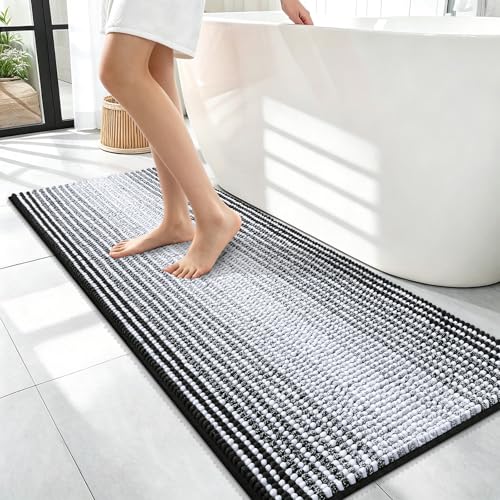 Image of OLANLY Bathroom Runner Rugs 47x17, Extra Soft Absorbent Chenille Striped Bath Rugs, Rubber Backing, Machine Wash Dry, Long Bath Mats for Bathroom, Tub, Shower, Home Decor Accessories, Black