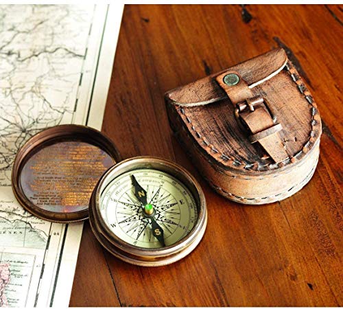 Brújula de latón antiguo con estuche de cuero miniatura 1