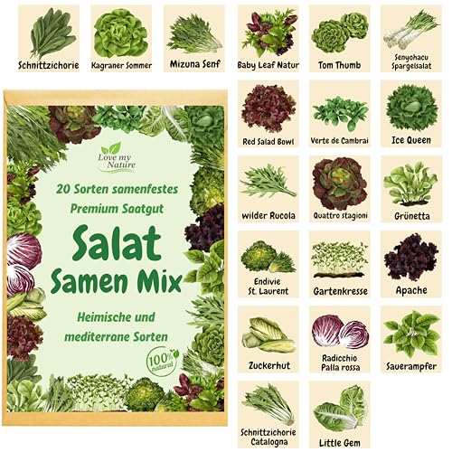 Salatsamen Mix 20 Sorten im Set Pflück- Schnitt- & Wintersalate 100% Natur ohne Anzuchtverstärker liebevoll verpackt inkl. Anleitung & Einzelbeschriftung