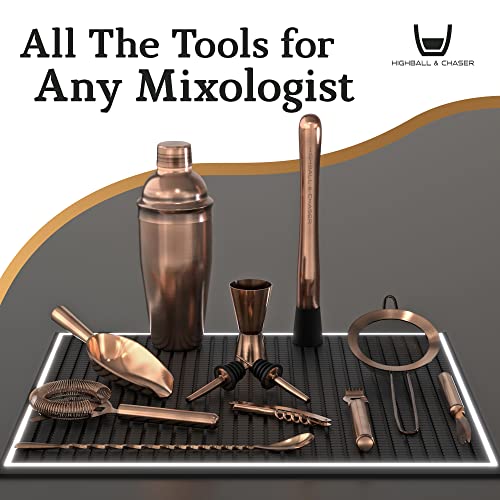 Image of Highball & Chaser 13-Piece Cobbler Cocktail Shaker Set: Black Polished Stainless Steel Bartender Kit for Home Bar Set | Laser Engraved Tools Plus E-Book with 30 Recipes (Antique Copper)
