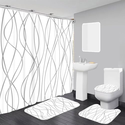 youyouplus 70.8x70.8 Inches Waterproof Shower Curtain Set, 12 Hooks, Gray and White Striped Design, Weighted Hem, Including Bath Mat, U-Shape Mat, and Toilet Lid Cover, Hotel Style Bath Accessories