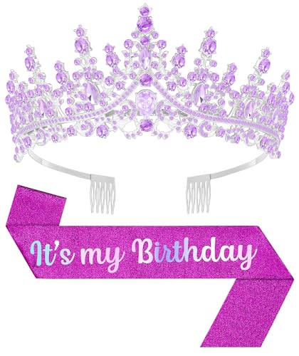 Birthday Tiara and Crown with Sash, Birthday Tiara for Women Party (Purple)