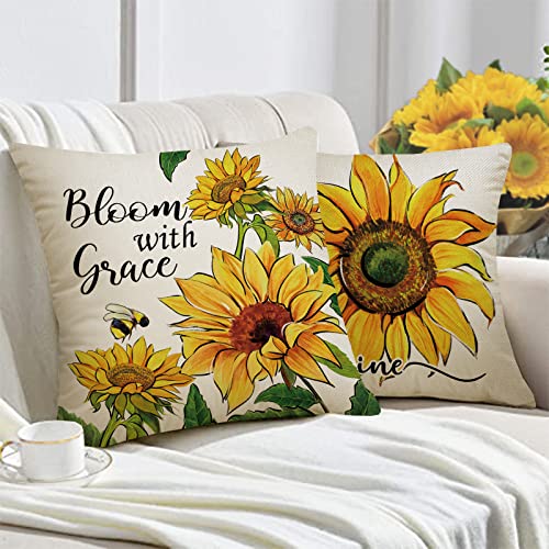 Fahrendom Sunflower Sunshine Decorative Throw Pillow Cover 18 X 18 Set Of 4, Summer Home Sweet Home Blessed Porch Patio Outdoor Pillowcase, Spring Bumble Bee Flower Farmhouse Couch Cushion Case Decor #TOP3