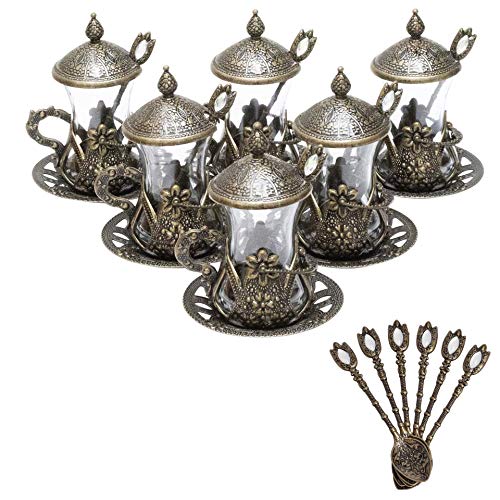 Alisveristime (SET OF 6) Handmade Turkish Tea Water Zamzam Serving Set Glasses Saucer (Autentic Green)