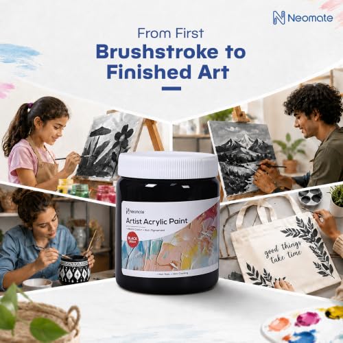 Image of Neomate Acrylic Colour Black 300ml | Art & Craft, DIY, Rich Pigment, Non-Craking Paint for Canvas, Wood, Leather, Earthenware, Metal | Ideal for school projects, Hobbyists, Artists