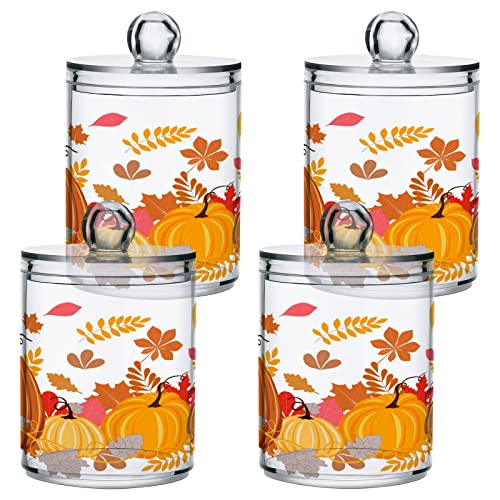 Autumn Leaves Pumpkins Qtip Dispenser Apothecary Jars Fall Thanksgiving Red Orange Bathroom Qtip Holder Storage Canister Plastic Jar 10 Oz for Cotton Ball Swab Round Pads Floss 4pcs