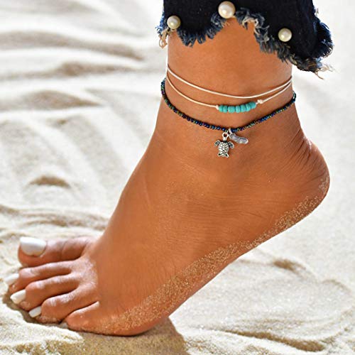 Preisvergleich Produktbild Ushiny Boho-Fußkettchen mit Schildkröte Strand Türkis Fußkettchen Silberperlen Fußschmuck für Damen und Mädchen