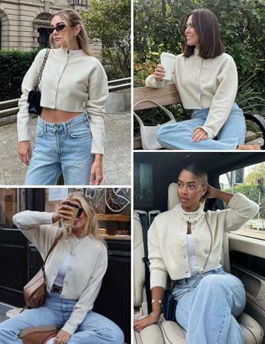 Image of Wyeysyt Womens Knitted Crop Cardigan Button Down Long Sleeve Sweater Top Open Front Cropped Knit Tops(Beige-M)