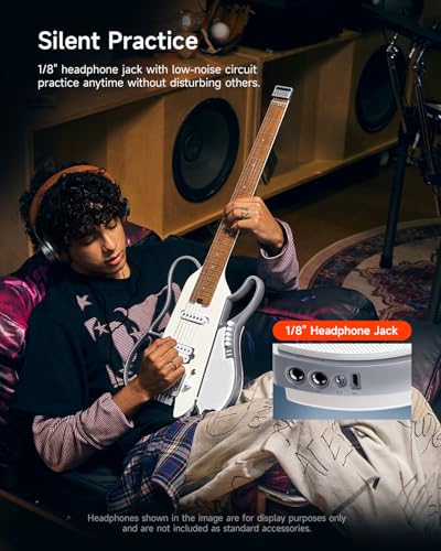 Image of DONNER HUSH X LIVE Electric Guitar with Detachable Speaker, Headless Travel Guitar Built-in Amp Modeling & Effects, Bluetooth Practice Guitar Kit with Gig Bag, White