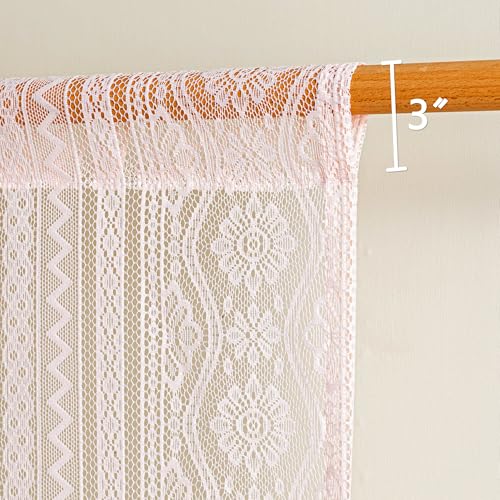 Image of MYSKY HOME Pink Lace French Door Curtains 72 inch Long 2 Panels Boho Sheer Floral Curtains for Door Window Scalloped Doorway Sidelight Curtains Come with 2 Matching Tie-Backs, 26 inch Wide Each Panel