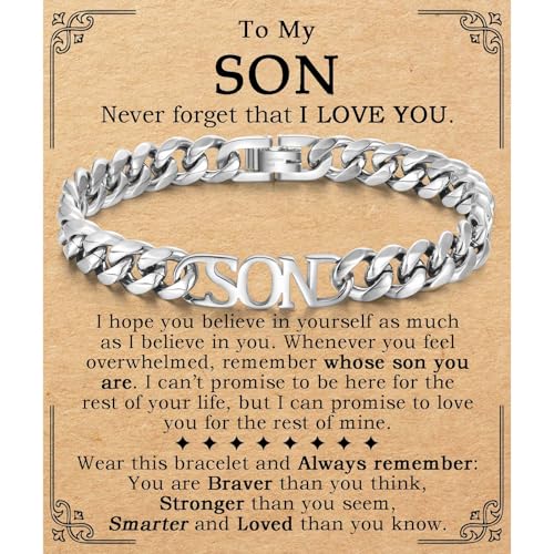 EYQV Son Gifts from Mom Dad, Stainless Steel Cuban Link Chain Son Bracelet Jewelry for Teen Boys Men Valentines Fathers Day Easter Graduation Christmas Birthday Gifts for Teenage Boys Men
