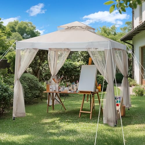 Sunjoy 8 x 8 ft. Soft Top Gazebo Outdoor Patio Backyard Modern 2-Tier Steel Frame Gazebo with Mesh Netting - Beige & White