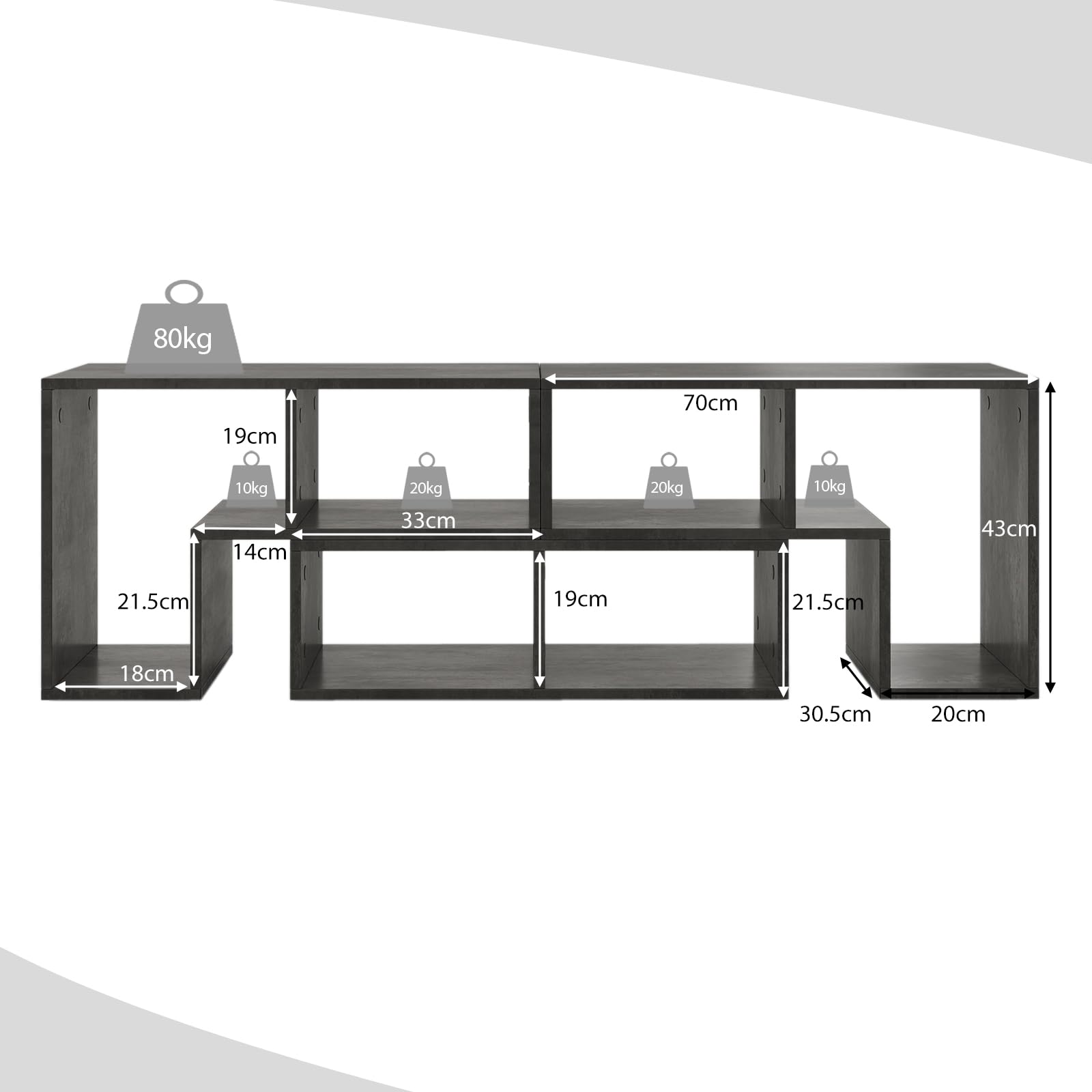 COSTWAY Mobile Porta TV Combinabile con Ripiani Aperti, per TV Fino a 65 Pollici, Mobile TV di Legno per Camera da Letto, Soggiorno, Capacità di Carico Massima 80 kg, 134-180 x 30 x 43 cm (Grigio)