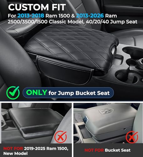 Image of Center Console Cover for Dodge Ram 1500 2013-2018 & Ram 2500 /3500 /1500 Classic Model 2013-2026, Fits Jump Seat Only, 1.2-Inch Thick PU Leather Armrest Cushion Protector with 2 Side Pockets