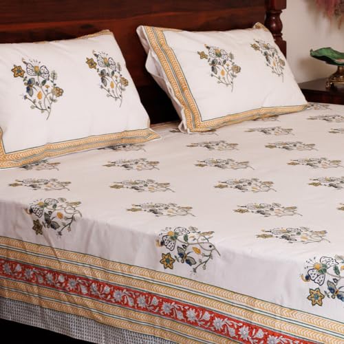 Image of Vasant Premium Hand Block Printed Bedsheet | Bed Sheet Flatsheet | Pure Cotton | Double Bed King Size 108 inchx108 inch | 300 TC Bedsheets | Includes 2 Pillow Covers | Flower Spread