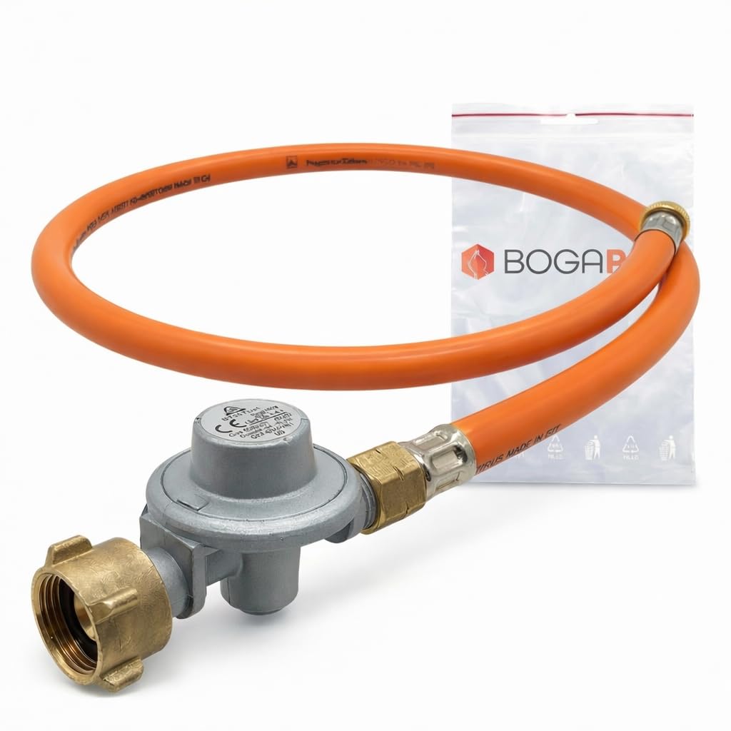 EN417 Adapter-Schlauch auf Gasflasche mit Gasdruckregler, Umrüstschlauch für Schraubkartuschen-Geräte, 1 m, 7/16-28 UNEF auf 3/8 LH, 1,5 bar 8 kg/h, Schlauch EN 16436-1, inkl. Polybeutel