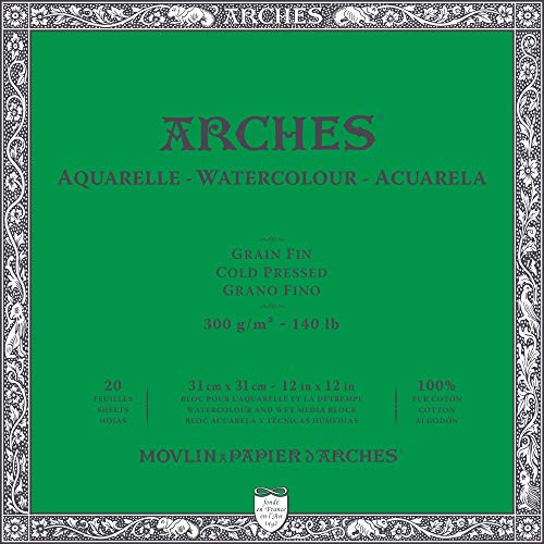 ARCHES Watercolour Block Bloc Enc 4L 31x31 20H Aquarelle 100% Fino 300g Blanc Nat, 30,48 cm x 30,48 cm