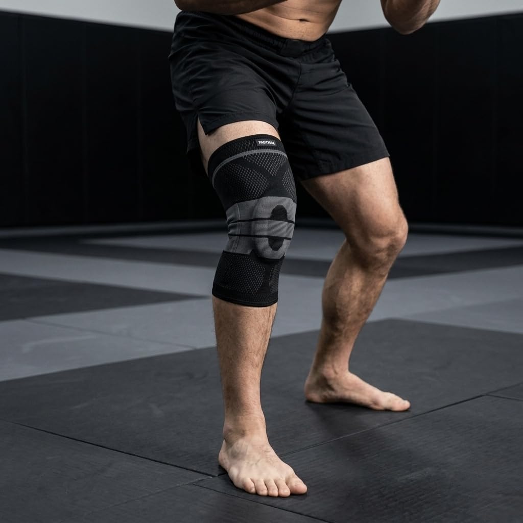 Tactical Fightwear Kniebandage mit Seitenstabilisatoren – Kniestütze mit Gel Padding, Kompression & Anti-Slip – Für Fitness, Laufen, MMA, BJJ und Kickboxen – Unisex – Größe L