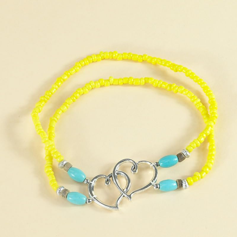 Image of Elastic Beaded Ankle Bracelets for Women Double Heart Layered Stretch Ankle Bracelets Waterproof Dainty Boho Beaded Anklets for Summer Beach Foot Jewelry