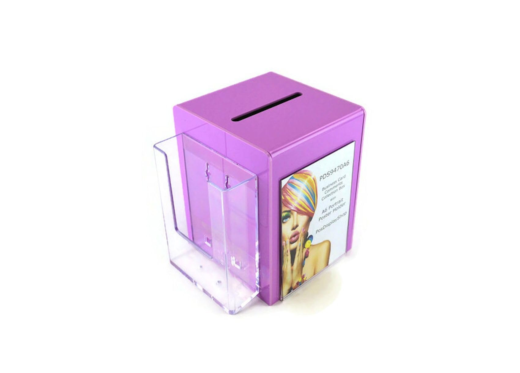 Pos Display Shop Small Pink Acrylic Suggestion Feedback Comments Collection Box with A6 Portrait Poster Holder + Leaflet Holder PDS9470A6 (Raspberry Pink)