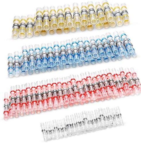 100pcs Solder Seal Wire Connectors, Solder Seal Heat Shrink Butt Connectors Terminals Electrical Waterproof Insulated Marine Boat Automotive Wiring Connectors Kits (35Red 30Blue 25White 10Yellow)