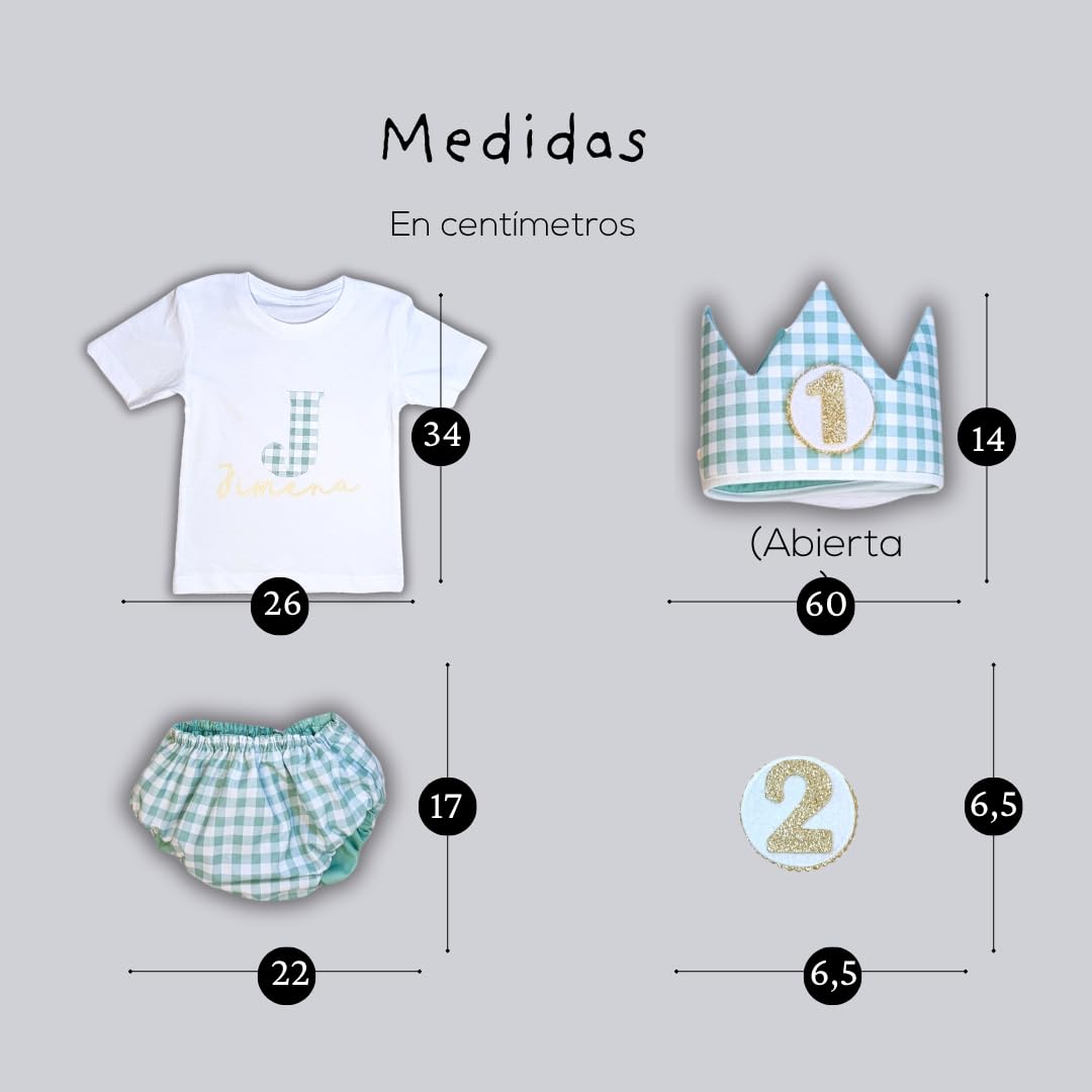 Conjunto Cumpleaños 1 año Personalizado - Camiseta con nombre Bebé - Regalo primer cumpleaños - Smash Cake - Corona cumpleaños (Vichy Rosa)