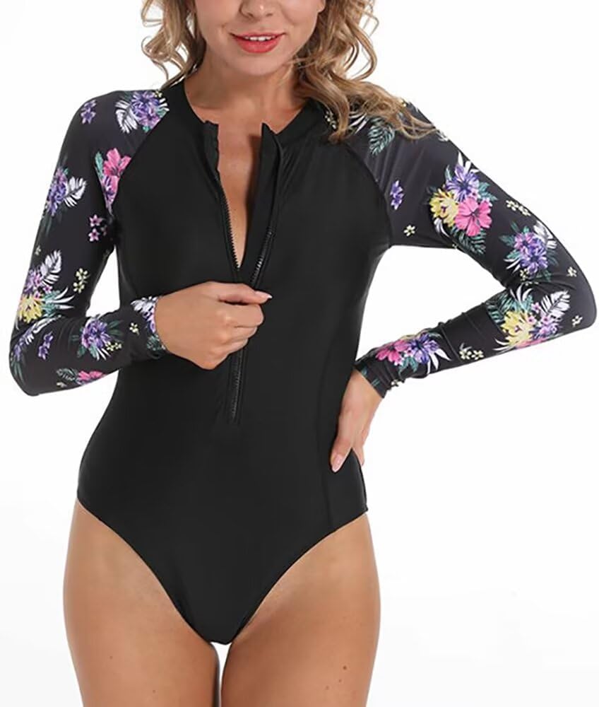 Women's One Piece Long Sleeve Swimsuit Sexy Tummy Control high Waist Rash Guard Bathing Suit