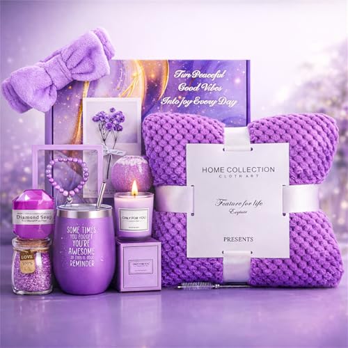 MEINESQIS Birthday Gifts for Women Lavender Spa Gift Set with Cozy Flannel Blanket Self Care Care Package Gift Box Womens Gift Set Wife Sister Best Friend Girlfriend Gift