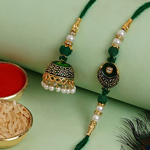 Image of eCraftIndia Green, White, & Golden Meenakari Bhaiya Bhabhi Rakhis Set | Best Bro Ever Fridge Magnet | Roli Chawal Pack | Raksha Bandhan Rakhi for Brother and Bhabhi
