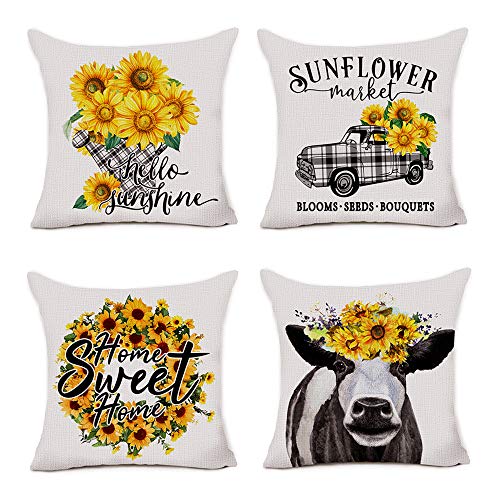 Hexagram Rustic Sunflower Pillow Covers 18 x 18 Set of 4 Decorative Farmhouse Cow Truck Design Soft Linen Throw Pillow Cover Cushion Case for Sofa Bench Living Room Indoor Outdoor Home Decor