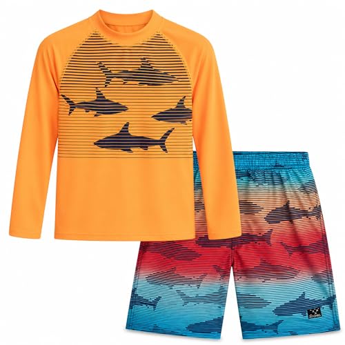 Image of Big Chill Boys Rash Guard Set - 2 Piece UPF 50+ Boys Swim Trunks & Long Sleeve Boy Swim Shirt Youth Bathing Suit Swimwear Set