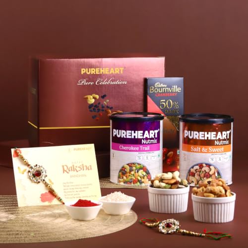 Image of PUREHEART Rakhi Gift Hamper Cherokee Trail Mix, Sweet & Salt Nutmix (454g, each), Dark Chocolate with Rakhi for Brother, Gift Card, Pooja Rice, Kumkum